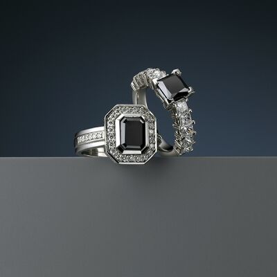 Emerald and princess cut black Diamond rings