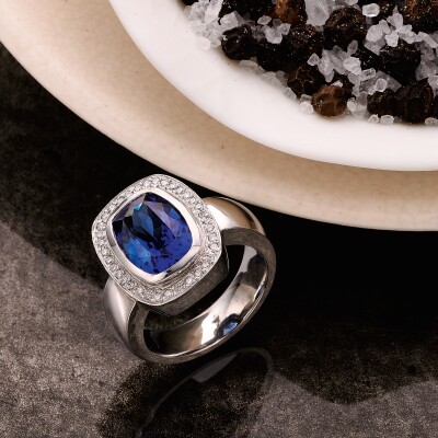 Cushion cut Tanzanite and Diamond ring