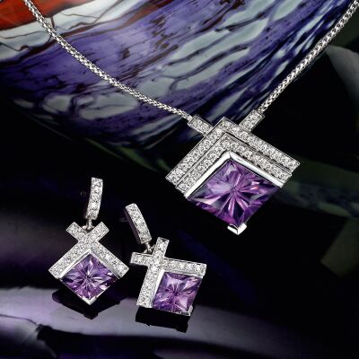 Amethyst and Diamond pendant and earrings