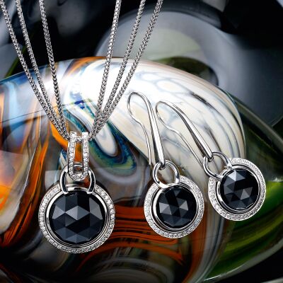 Onyx and Diamond earrings and pendant set