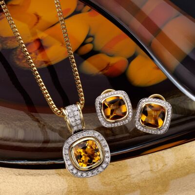 Citrine and Diamond pendant and earrings