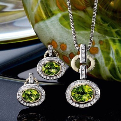 Peridot and Diamond pendant and earrings