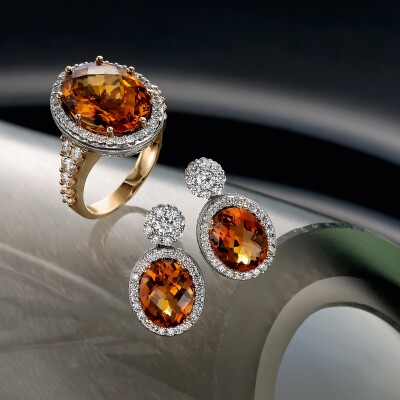 Citrine and Diamond ring and earrings set