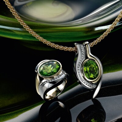 Peridot and Diamond ring and pendant set