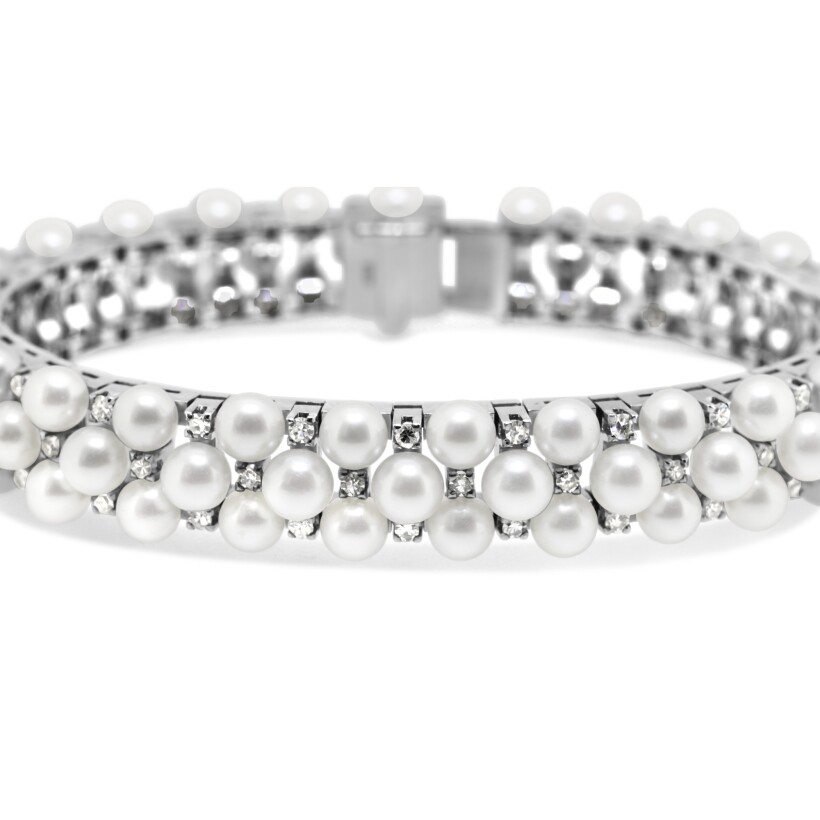 Bracelet d'occasion en or blanc, diamants et perles de culture