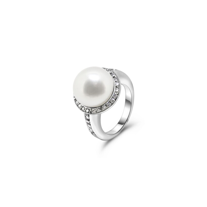 Bague d'occasion en or blanc, diamants et perle de culture