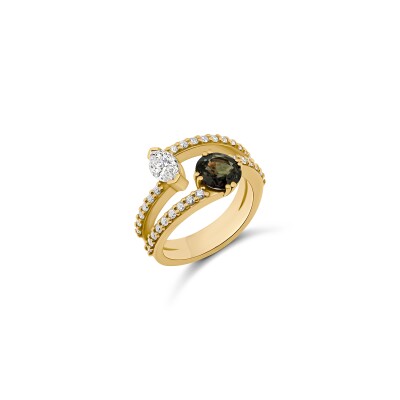 Bague Serpentine or rose saphir et diamant