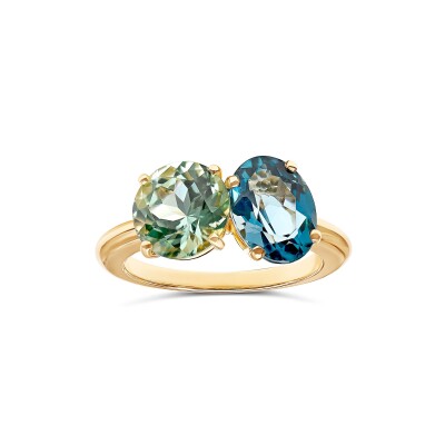 Bague Dali or rose, Topaze Blue London et Prasiolite