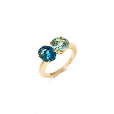 Bague Dali or rose, Topaze Blue London et Prasiolite