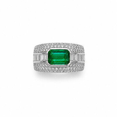 Bague Mosaïque or blanc et émeraude