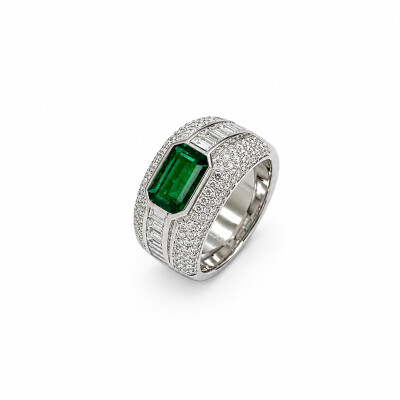 Bague Mosaïque or blanc et émeraude
