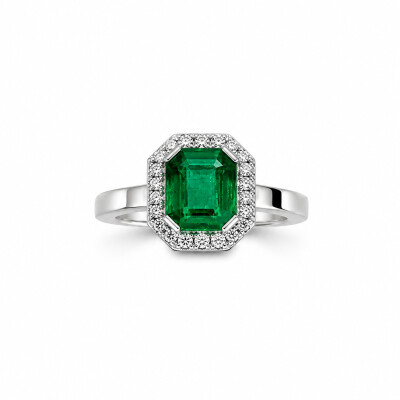 Bague Octogone or blanc et emeraude