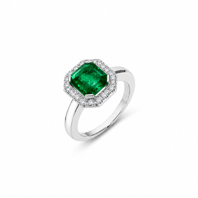 Bague Octogone or blanc et emeraude