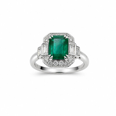 Bague Jardin d'hiver or blanc et emeraude