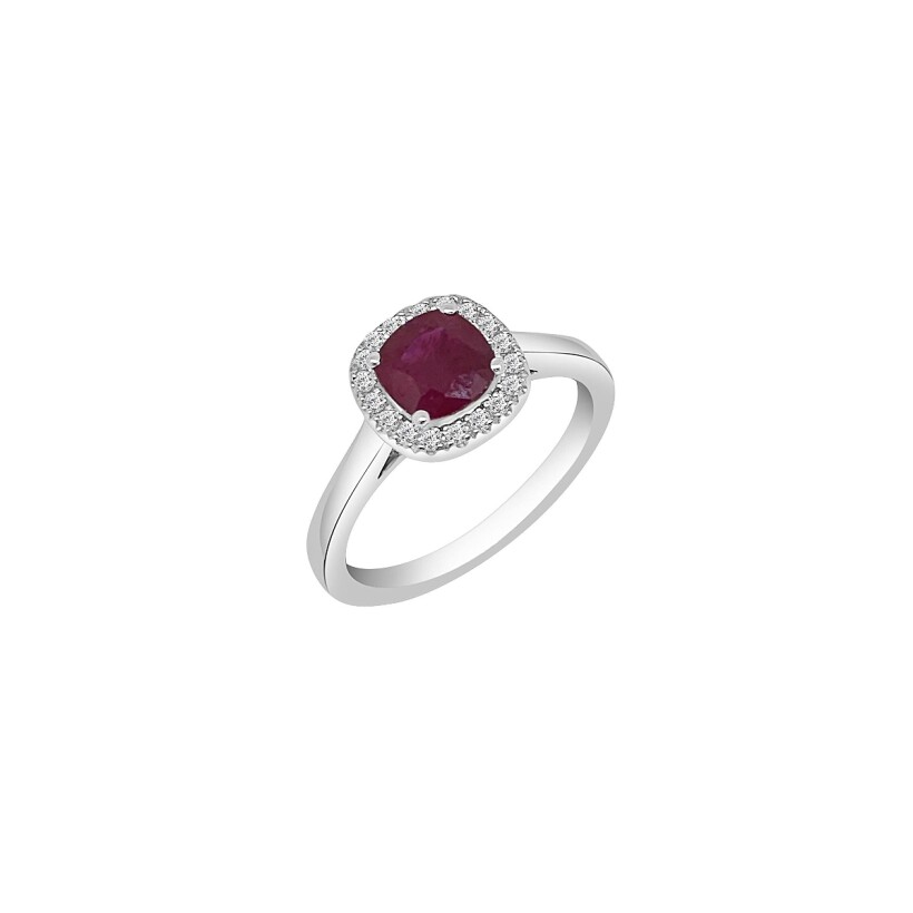 Bague rubis taille coussin et diamants