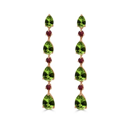 Boucles d'oreilles Veron Roques Raindrop en or rose, péridots et tourmalines roses