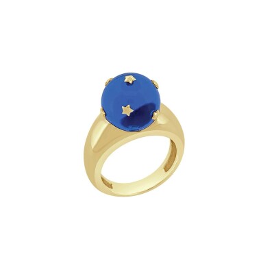 Bague Veron Roques Planète en or jaune et cristal bleu
