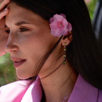 Boucles d'oreilles Veron Roques Raindrop en or rose, péridots et tourmalines roses