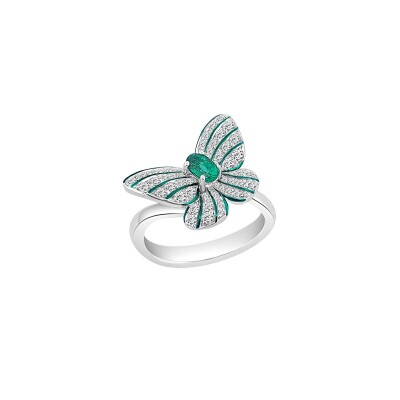 Bague Veron Roques Papillon en or blanc, émeraude et diamants